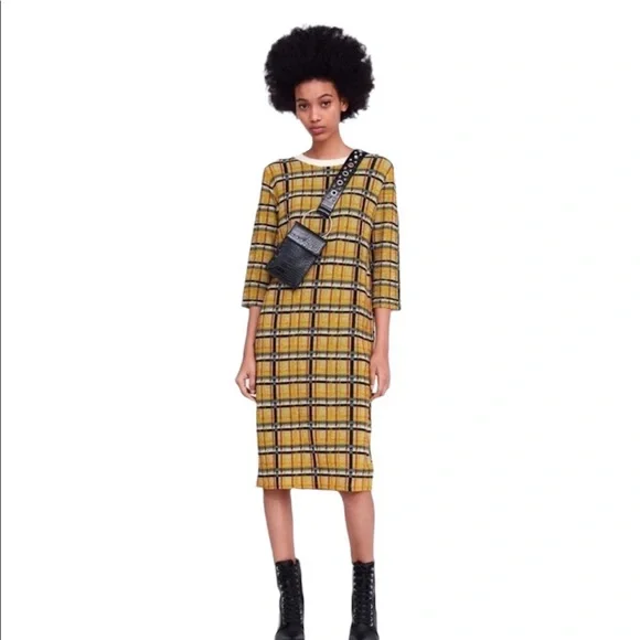 Zara Dresses Zara Mixed Texture Plaid Print Midi Dress Poshmark - Main Image